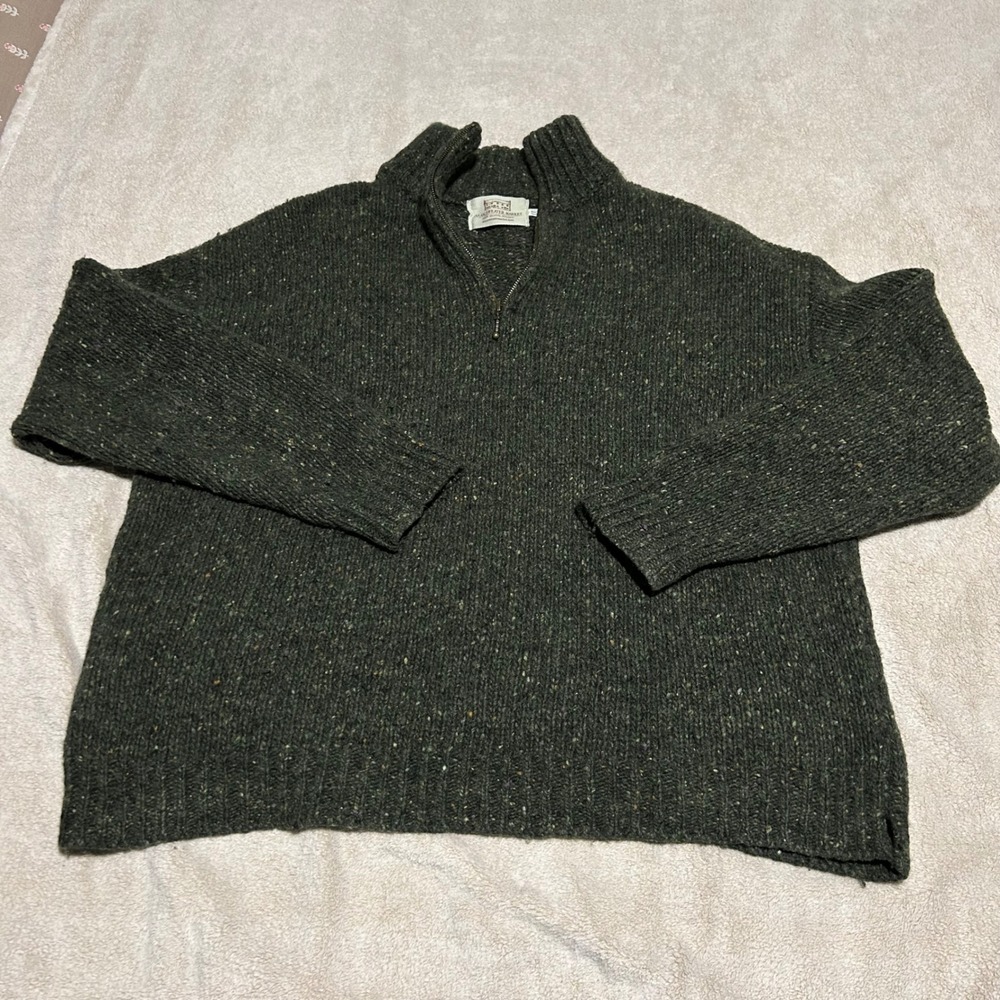 Aran Sweater Market Quarter Zip Mens XXL Green Donegal Tweed Wool Made N Ireland - Picture 2 of 10